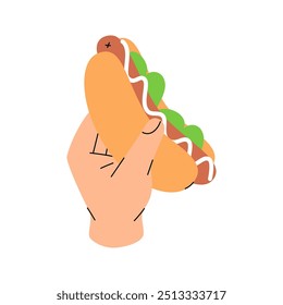 Hand hold hotdog. American street fast food. Vector illustration.