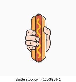 Hand Hold Hotdog. Male Hand Holding Hot Dog On White Background