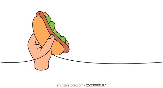 Hand hold hotdog one line colored continuous drawing. American street fast food. Vector linear illustration.