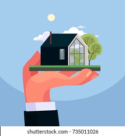 Hand hold house layout. Real estate concept. Vector flat cartoon illustration