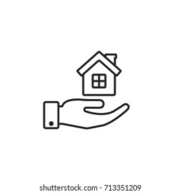 Hand hold house line icon, vector isolated illustration.