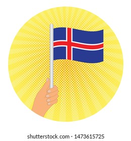 hand hold Iceland flag. Hand holding a Iceland flag - vector icon.   RETRO STYLE