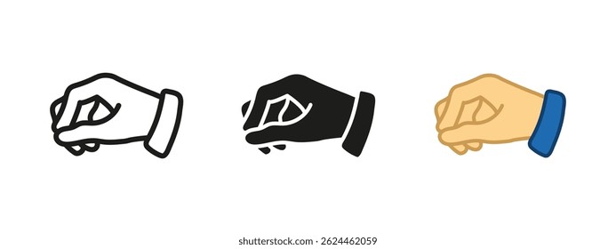 Hand hold icon. Vector illustration of human hand in a gripping position with fingers closed. Action, control or readiness to grasp an object. Gestures, user interface cues and symbolic communication.