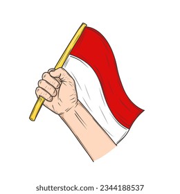 Hand hold Indonesian flag, Hand drawn Indonesia independence day vector illustration 