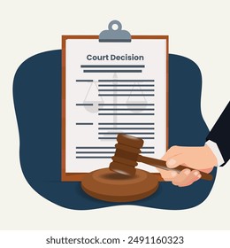 Hand hold judges gavel with court ruling document design vector illustration