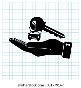 hand hold key with car - black vector icon