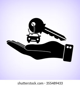 hand hold key with car  - black vector icon