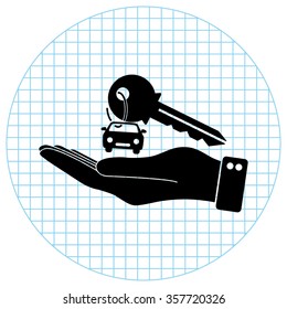 hand hold key with car -  black vector icon