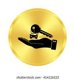 hand hold key with car - black vector  icon; golden button