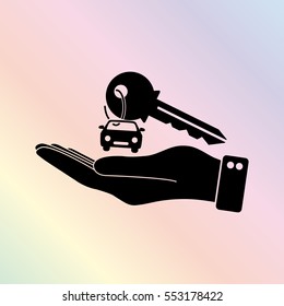 hand hold key with car  - black vector icon