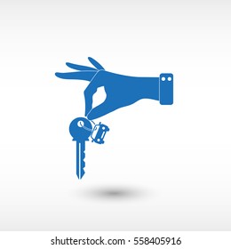 hand hold key with car -  blue vector icon