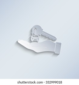 hand hold key with car - paper vector icon