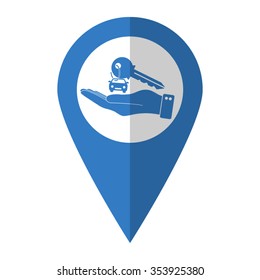 hand hold key with car - vector icon; blue map  pointer