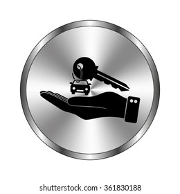 hand hold key with car - vector icon;  metal button