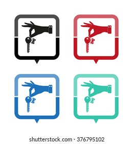 hand hold key with car - vector icon; map pointer;  message bubble