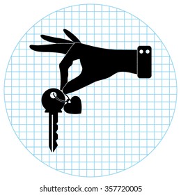 hand hold key with heart -  black vector icon