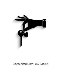 hand hold key with heart - black vector  icon with shadow