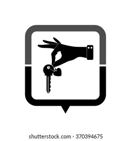 hand hold key with heart - black vector icon; map pointer;  message bubble