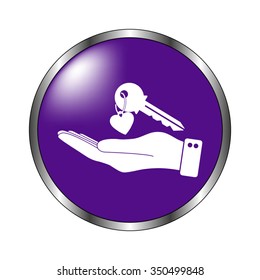 hand hold key with heart - vector icon; violet button