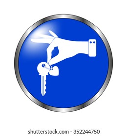 hand hold key with heart - vector icon on the blue button