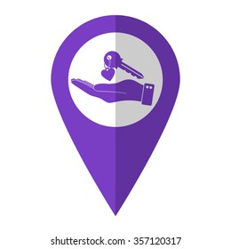 hand hold key with heart - vector icon;  violet map pointer