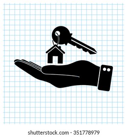 hand hold key with home - black vector icon