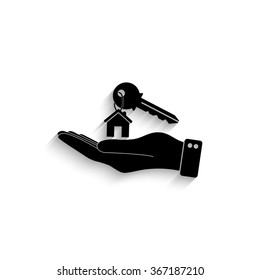 hand hold key with home - black vector  icon with shadow