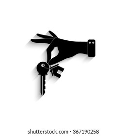 hand hold key with home - black vector  icon with shadow