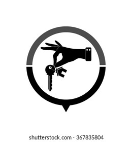 hand hold key with home - black vector icon; map pointer;  message bubble