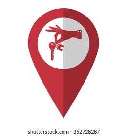 hand hold key with home - vector icon; red map  pointer