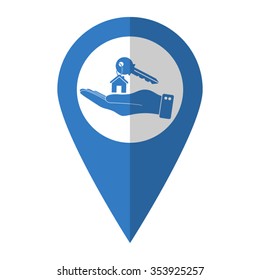 hand hold key with home - vector icon; blue map  pointer