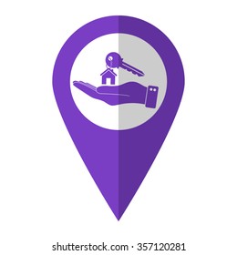 hand hold key with home - vector icon;  violet map pointer