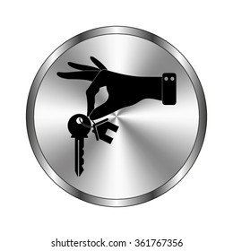 hand hold key with home - vector icon;  metal button