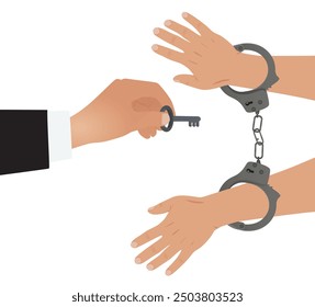 Hand hold key to unlock handcuffs. vector