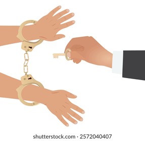 Hand hold key to unlock handcuffs. vector