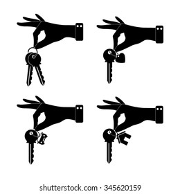 hand hold key - vector icon, set - home, car and heart keys