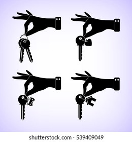 hand hold key - vector icon; set - home ; car and heart keys