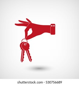 hand hold keys - red vector  icon with shadow
