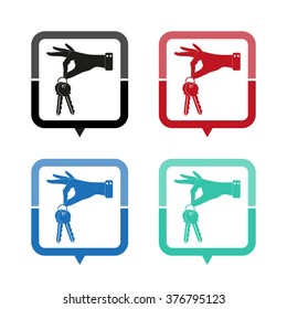 hand hold keys - vector icon; map pointer;  message bubble