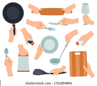 Hand hold kitchenware  Cooking items in female hands  frying pan  stainless fork  knife  hands holding kitchen utensils vector illustration set  Knife   fork  pan   utensil cook
