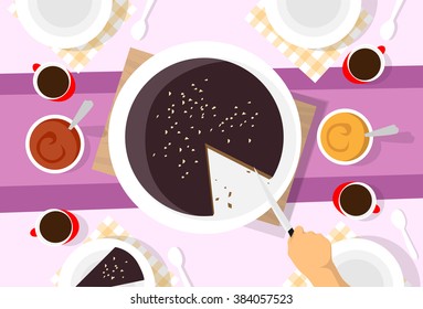 Hand Hold Knife Cut Cake, Cups Tea Coffee Table Celebration Top Angle View Flat Vector Illustration