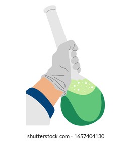 Hand hold laboratory glassware. Design vector flat illustration