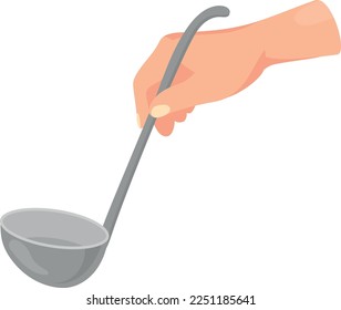 Mano sujeta a ladle. Icono de herramienta de cocina de dibujos animados aislado en fondo blanco