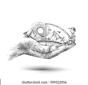 Hand hold Lake fisherman fishing from a silhouette, Hand Drawn Sketch Vector illustration.