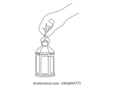 Hand hold lantern in one single continuous line drawing style isolated on white background. Ramadan kareem concept vector illustration.