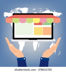 Hand hold laptop notebook PC with shop online store on world map background. E-Commerce omnichannel online shopping concept. 