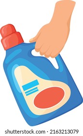 Hand hold laundry detergent. Housekeeping cartoon icon isolated on white background