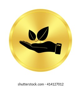 hand hold leaf - black vector icon;  golden button