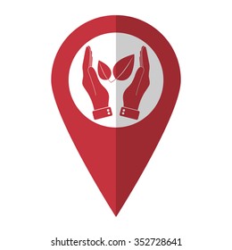 hand hold leaf - vector icon; red map  pointer