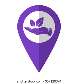 hand hold leaf - vector icon;  violet map pointer